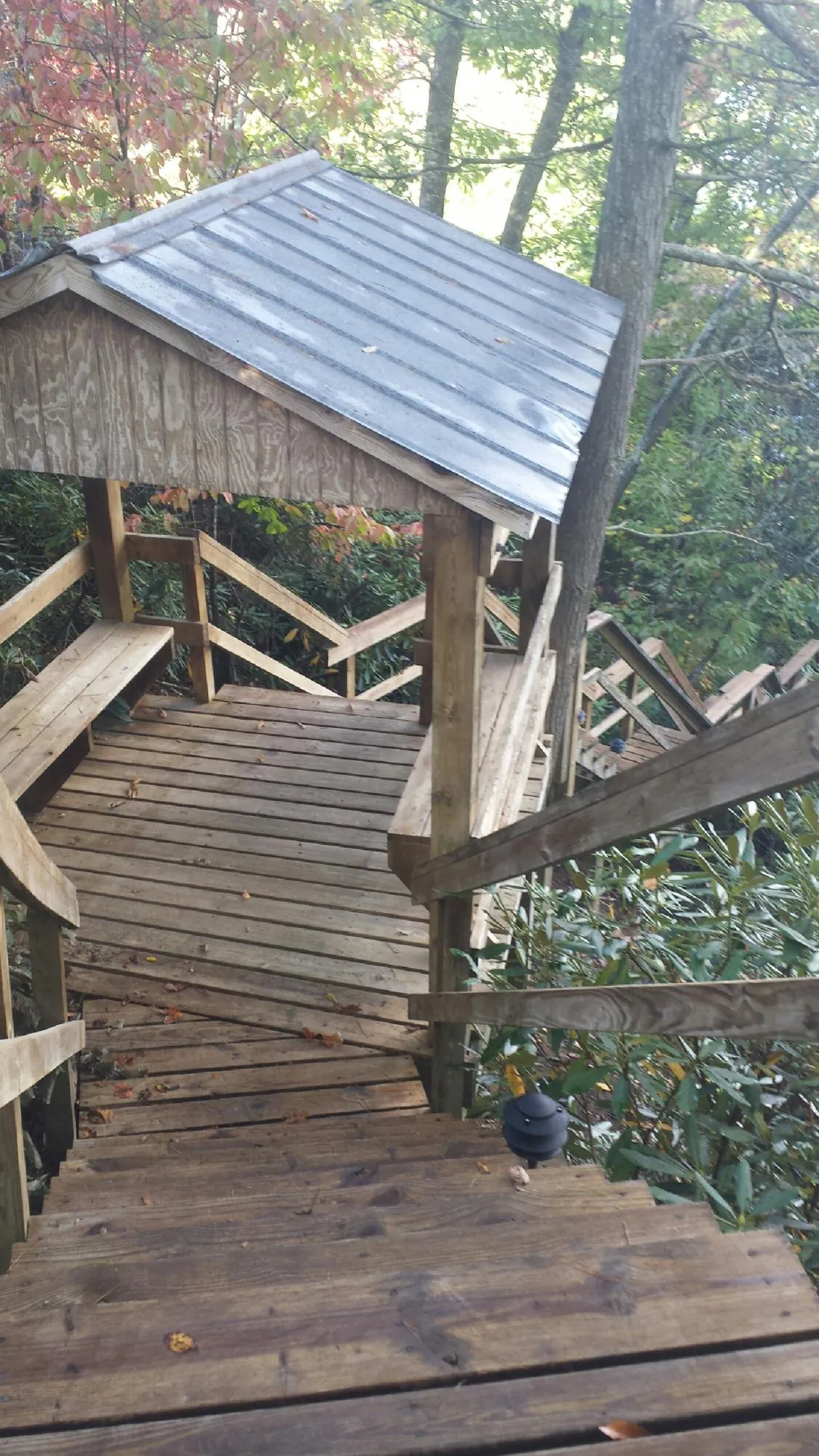 Metal roofed shelter over wooden steps on a wooded walkway — Skylight Repair & Installation work by our crew in Mendenhall